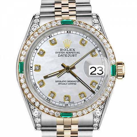 Men's Rolex 36mm Datejust Two Tone Jubilee White MOP Dial Diamond Accent Bezel + Lugs + Emerald