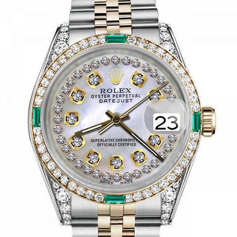 Men's Rolex 36mm Datejust Two Tone Jubilee White MOP String Diamond Dial Bezel + Lugs + Emerald