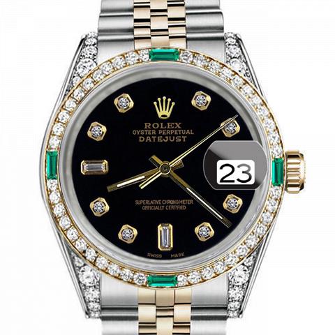 Men's Rolex 36mm Datejust Two Tone Jubilee Black Color Dial 8 + 2 Bezel + Lugs + Emerald