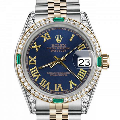 Men's Rolex 36mm Datejust Two Tone Jubilee Blue Color Roman Numeral Dial Bezel + Lugs + Emerald