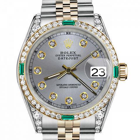 Men's Rolex 36mm Datejust Two Tone Jubilee Grey Color Dial Diamond Accent RT Bezel + Lugs + Emerald