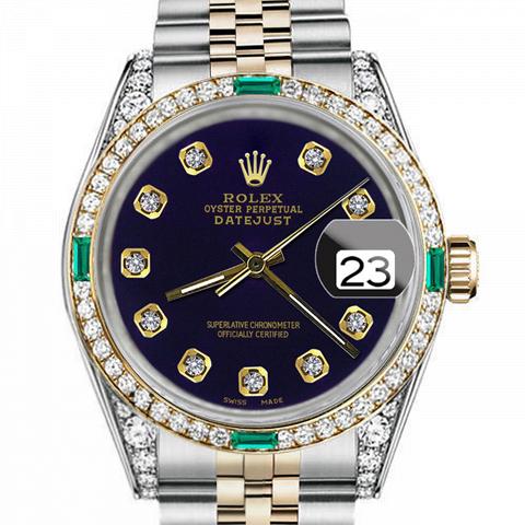 Men's Rolex 36mm Datejust Two Tone Jubilee Purple Color Dial Diamond Accent Bezel + Lugs + Emerald