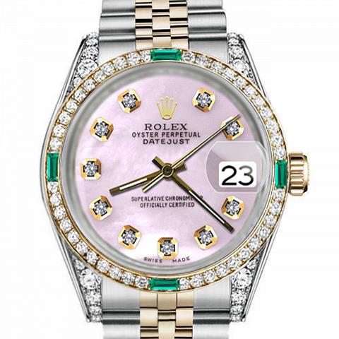 Men's Rolex 36mm Datejust Two Tone Jubilee Pink MOP Mother Of Pearl Diamond Dial Bezel + Lugs + Emerald