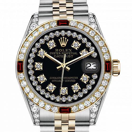 Women's Rolex 31mm Datejust Two Tone Jubilee Glossy Black String Diamond Accent Dial Bezel + Lugs + Rubies