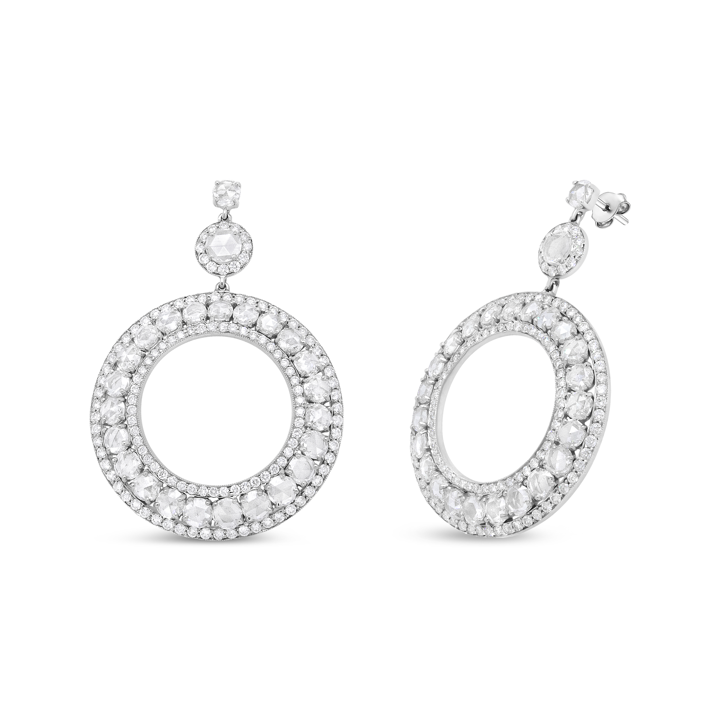 True 18K White Gold 10 7/8 Cttw Round Pave-Set Diamond Openwork Circle Wreath Hoop Dangle Drop Stud Earrings (SI1-SI2 Clarity, G-H Color)