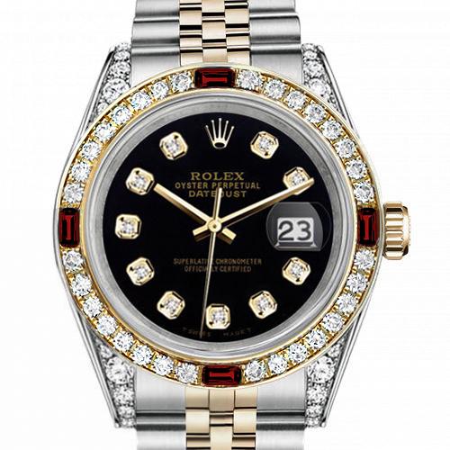 Men's Rolex 36mm Datejust Two Tone Jubilee Black Color Dial Diamond Accent Bezel + Lugs + Rubies