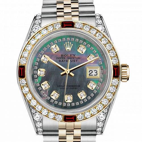 Men's Rolex 36mm Datejust Two Tone Jubilee Black MOP Mother of Pearl String Diamond Accent Dial Bezel + Lugs + Rubies