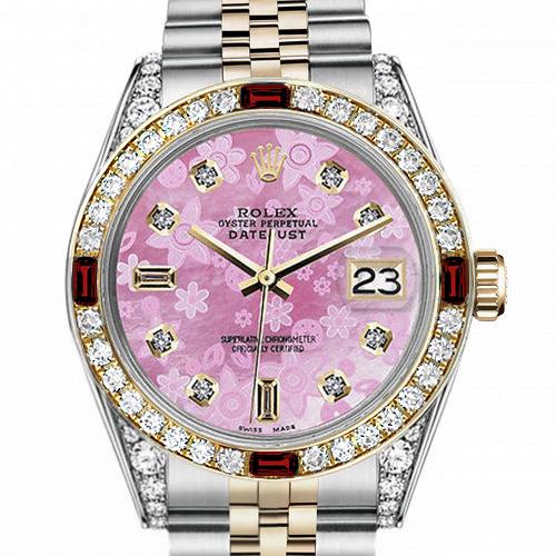 Men's Rolex 36mm Datejust Two Tone Jubilee Pink Flower MOP Mother of Pearl Dial 8+2 Diamond Bezel + Lugs + Rubies