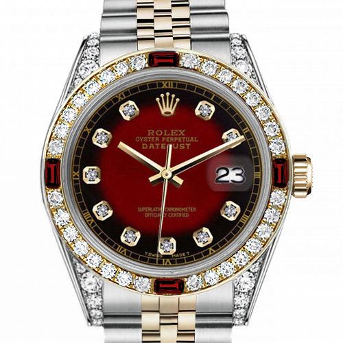 Men's Rolex 36mm Datejust Two Tone Jubilee Red Vignette Color Dial Diamond Accent RT Bezel + Lugs + Rubies