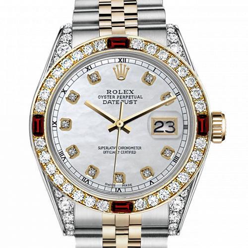 Men's Rolex 36mm Datejust Two Tone Jubilee White MOP Dial Diamond Accent Bezel + Lugs + Rubies