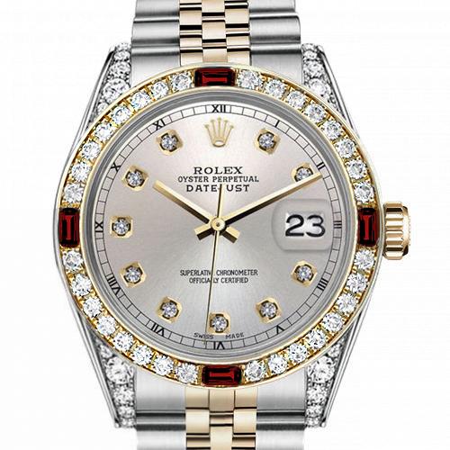 Men's Rolex 36mm Datejust Two Tone Jubilee Silver Color Dial Diamond Accent RT Bezel + Lugs + Rubies