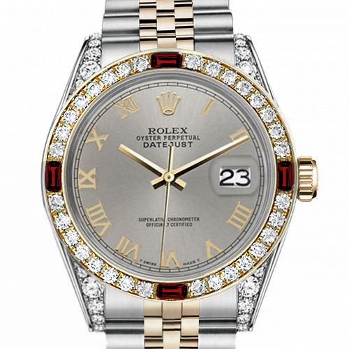 Men's Rolex 36mm Datejust Two Tone Jubilee Slate Grey Roman Numeral Dial Bezel + Lugs + Rubies