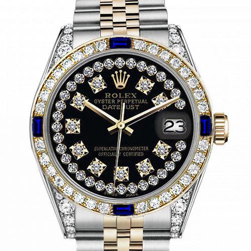 Women's Rolex 31mm Datejust Two Tone Jubilee Glossy Black String Diamond Accent Dial Bezel + Lugs + Sapphire