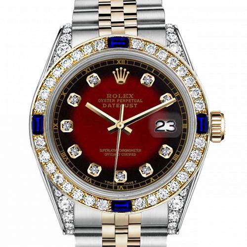 Men's Rolex 36mm Datejust Two Tone Jubilee Red Vignette Color Dial Diamond Accent RT Bezel + Lugs + Sapphire