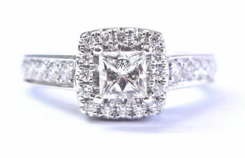 True Fine Princess  Round Cut Diamond Engagement White Gold Square Ring 14Kt .92CT