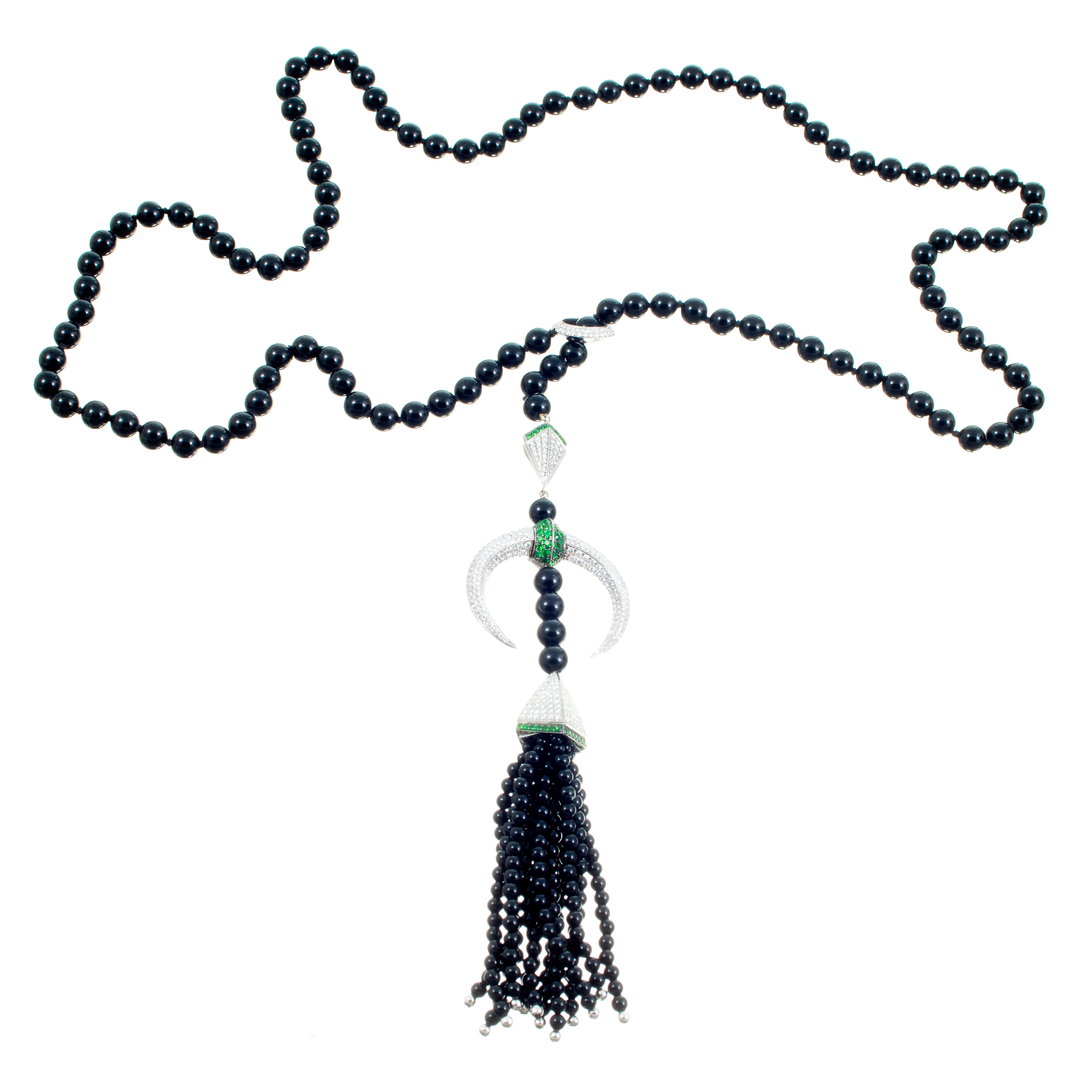 18K White Gold with 2.44ct Diamond, Onyx  Garnet Tassel Lariat Necklace