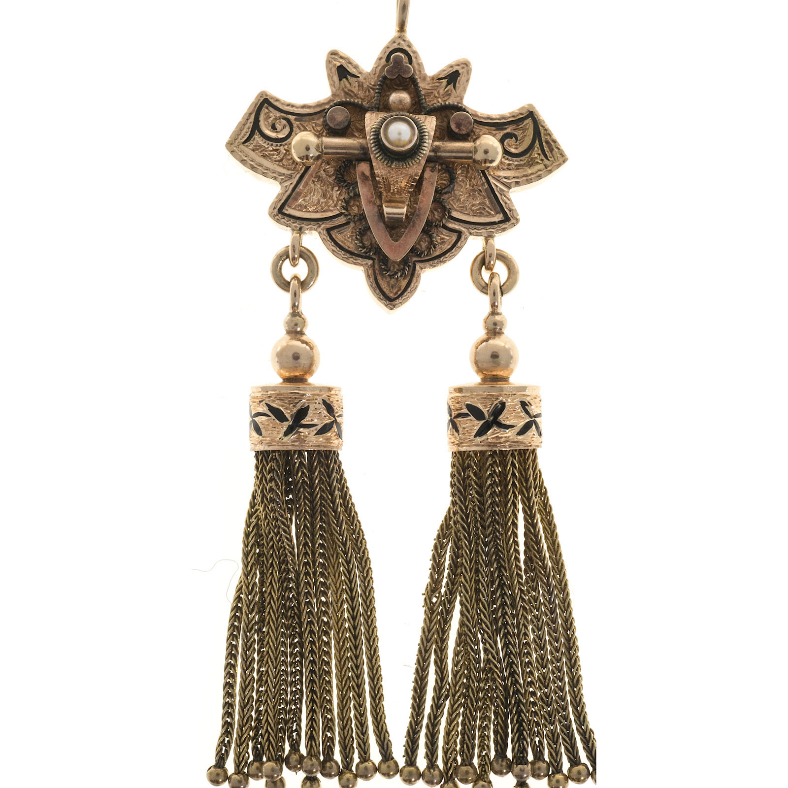 14K Rose Gold Pearl Black Enamel Tassel Pendant Vintage Necklace