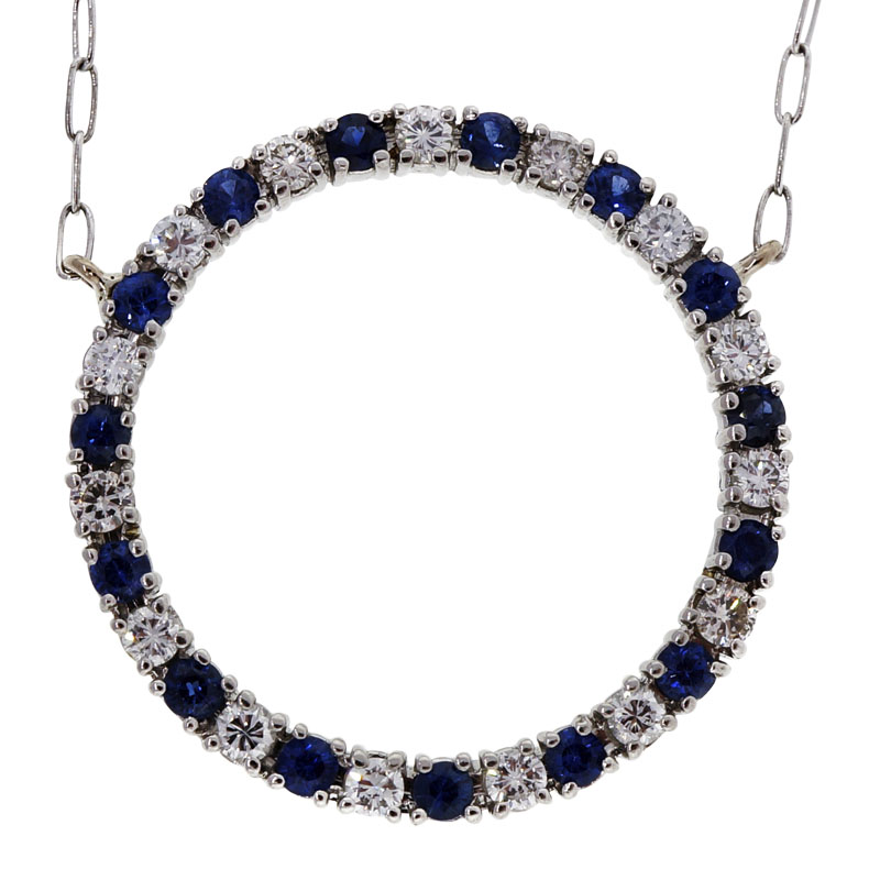 Platinum with 0.75ct Diamond  Sapphire Open Circle Necklace