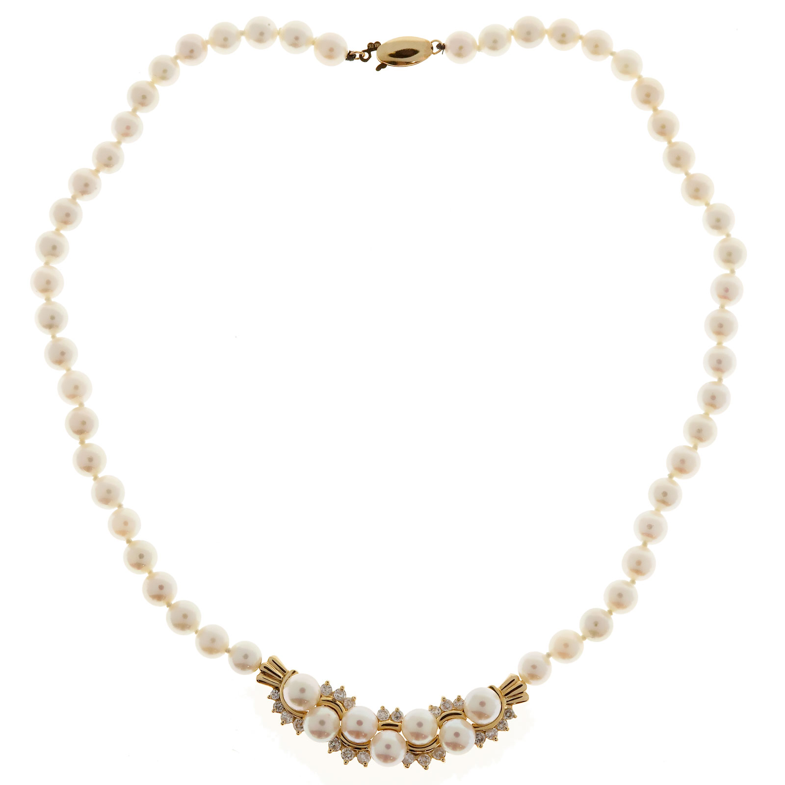 14K Yellow Gold with 1.00ct Diamond  Pearl Necklace 