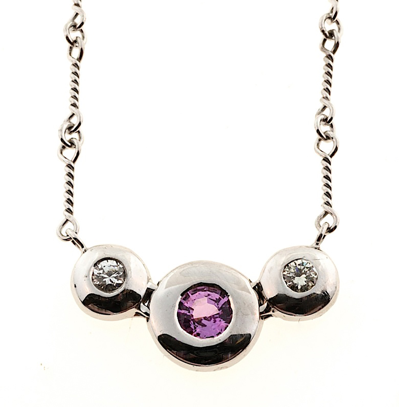 14K White Gold with 0.35ct Pink Sapphire  Diamond Vintage Pendant Necklace