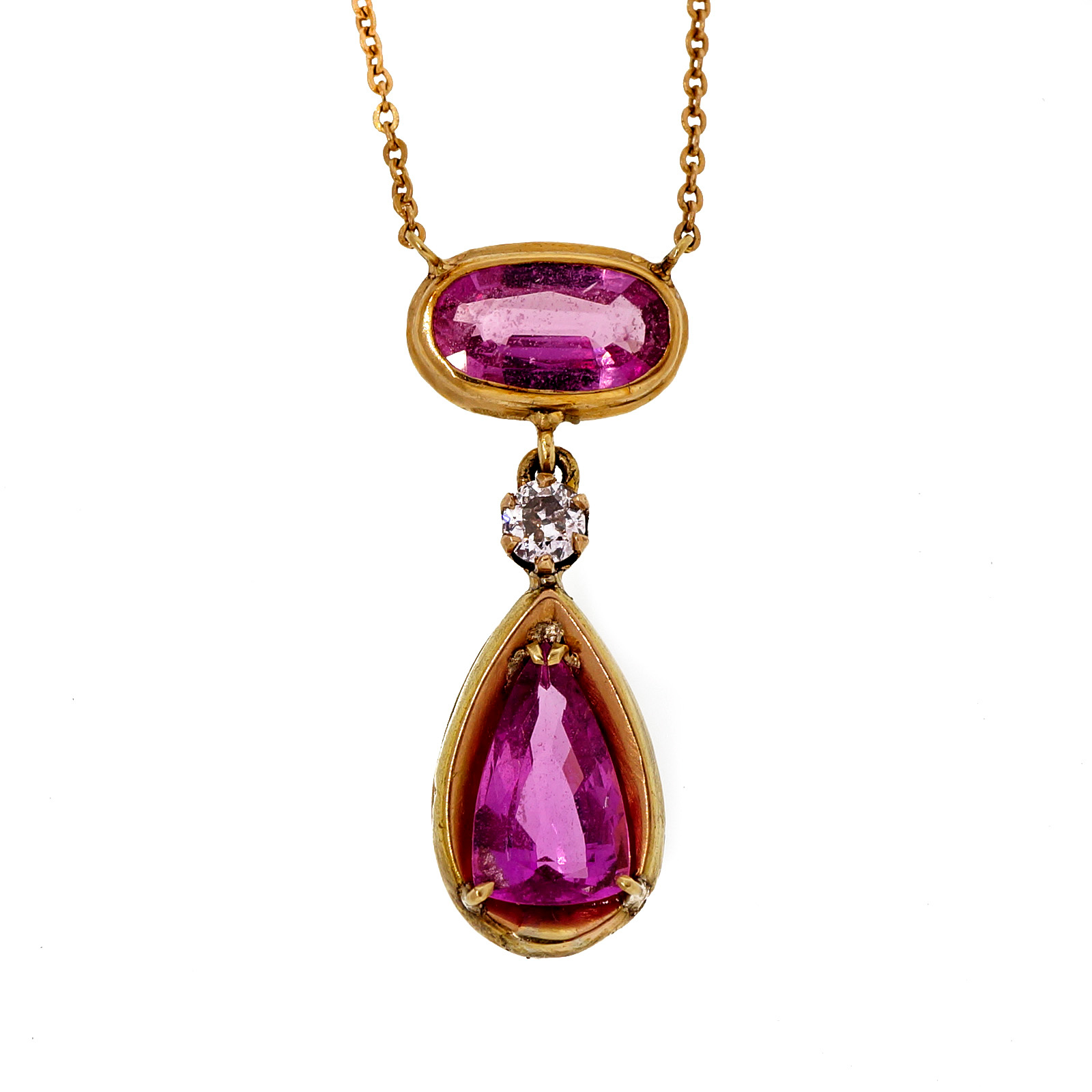 14K Rose Gold 4.75ct Oval Pear Pink Sapphire Pendant Vintage Necklace