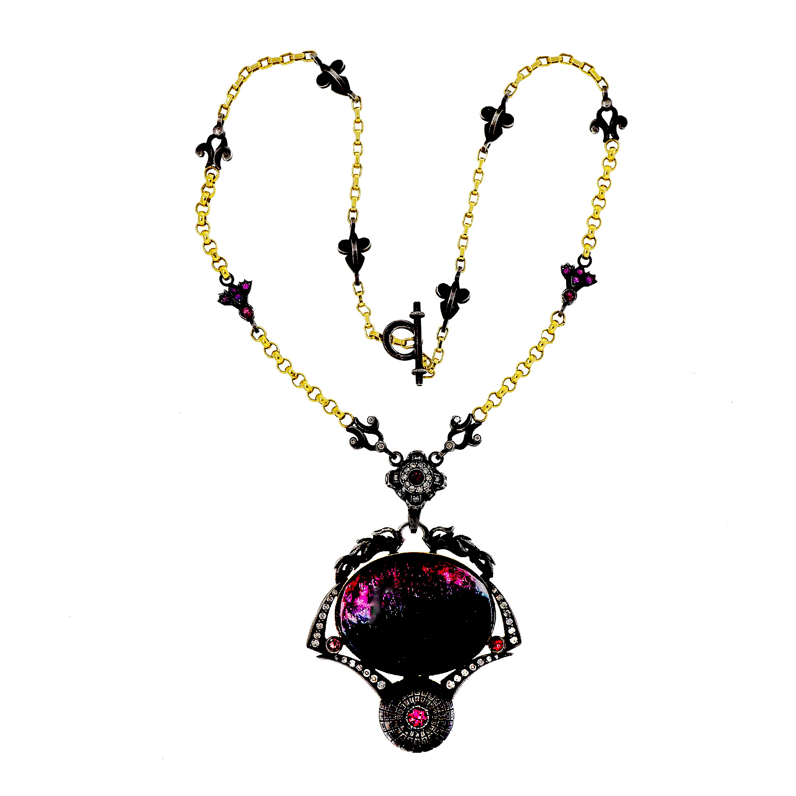 18K Yellow Gold  Blackened Sterling Silver with Tourmaline  Diamond Byzantine Necklace
