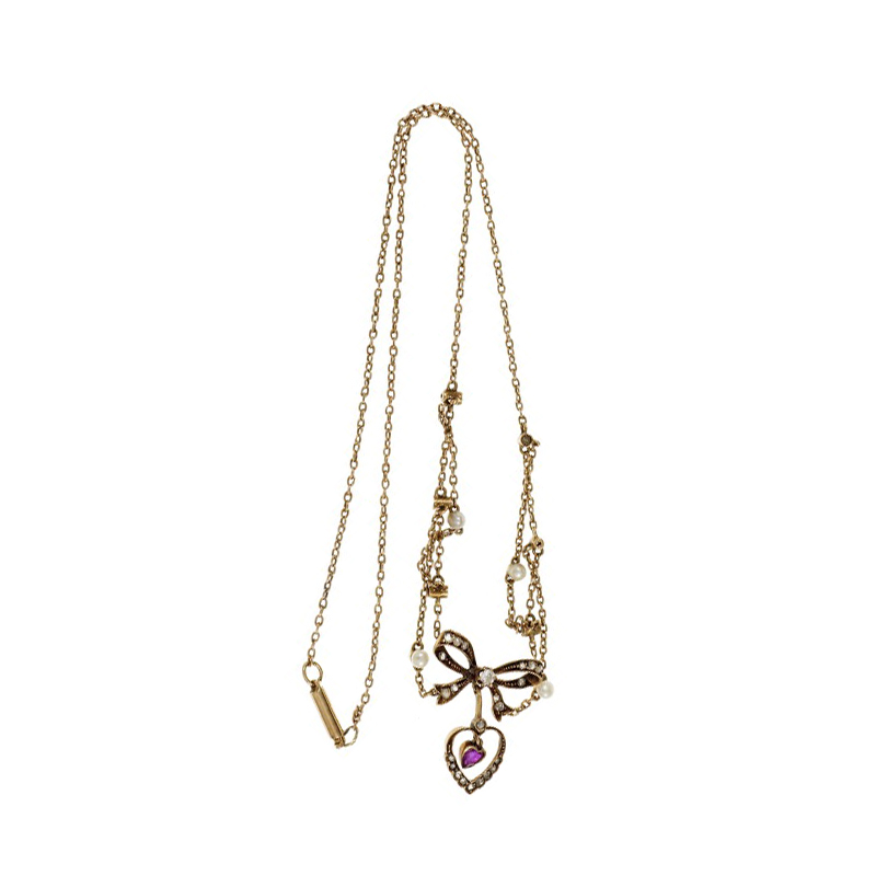 14K Yellow Gold with 0.58ct Diamond, Heart Ruby  Pearl Necklace  