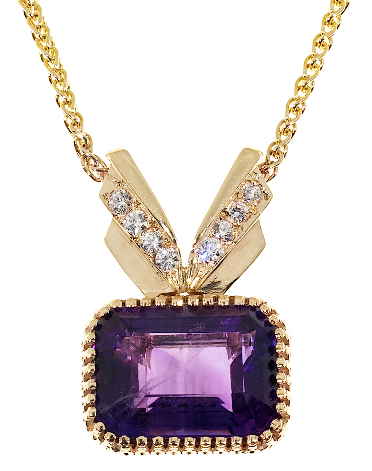 14K Yellow Gold with 17.00ct. Amethyst  Diamond Pendant Wheat Chain Necklace
