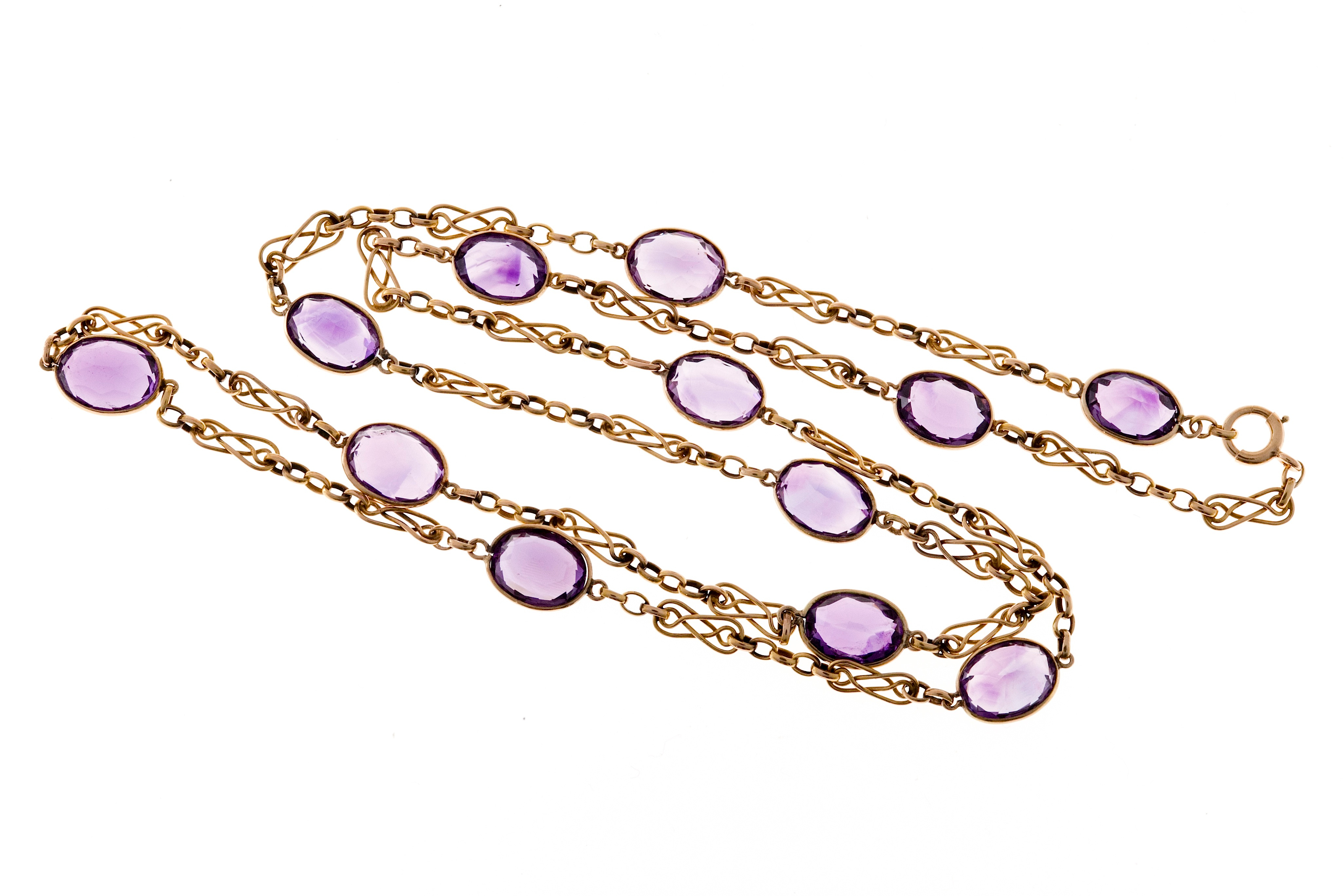 14k Yellow Gold Amethyst Swirl 1900s Vintage Link Long Chain