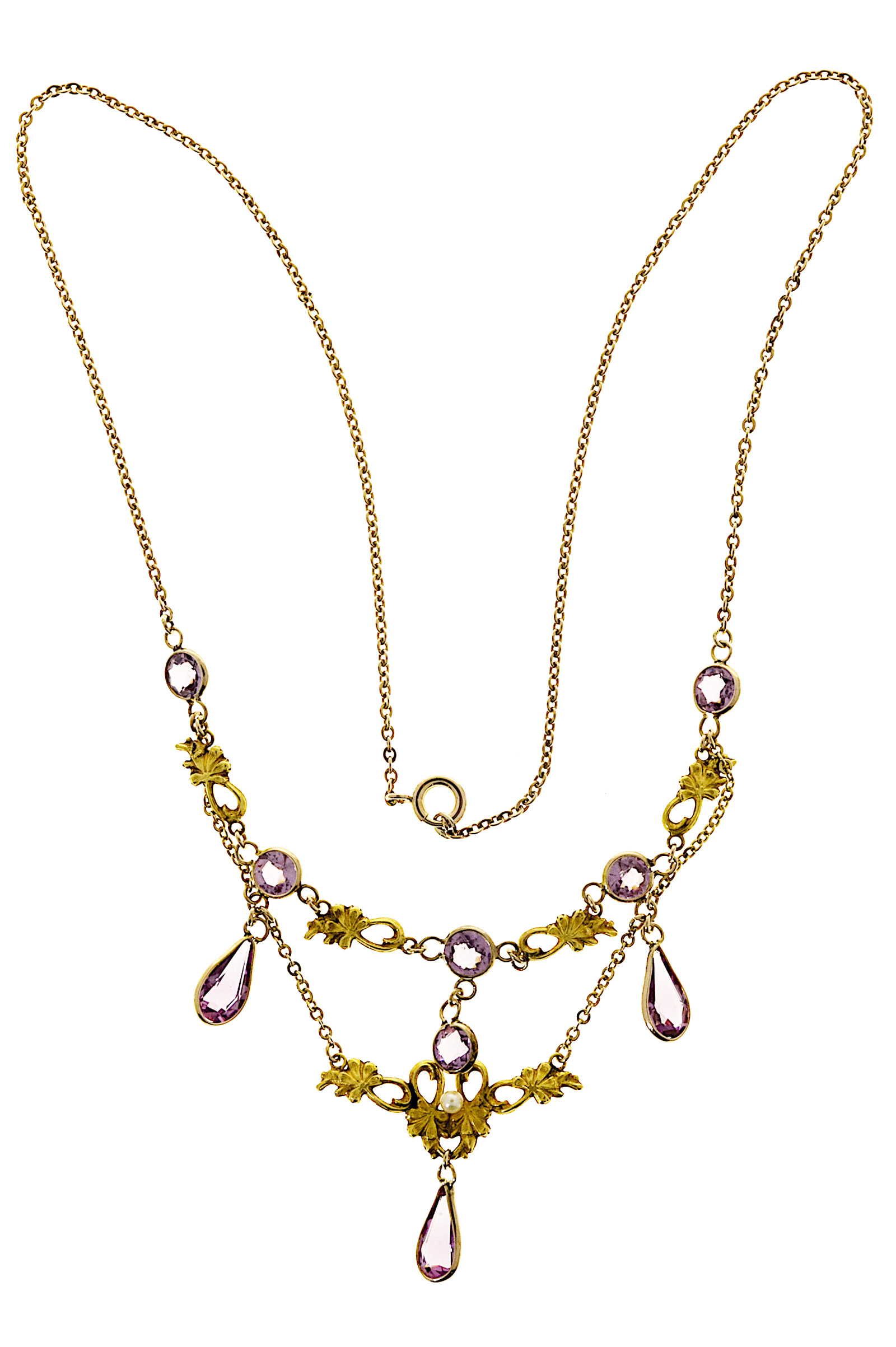 14K Yellow Gold with 4.00ct Pear, 2.40ct Round Amethyst  Pearl Vintage Pendant Necklace