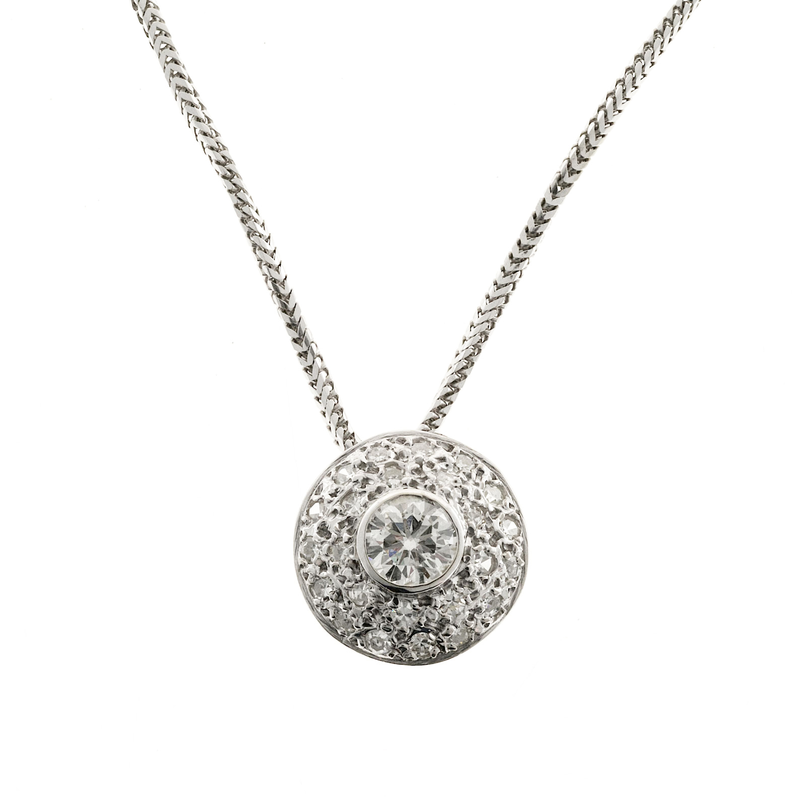 14K White Gold Diamond Domed Pendant Necklace