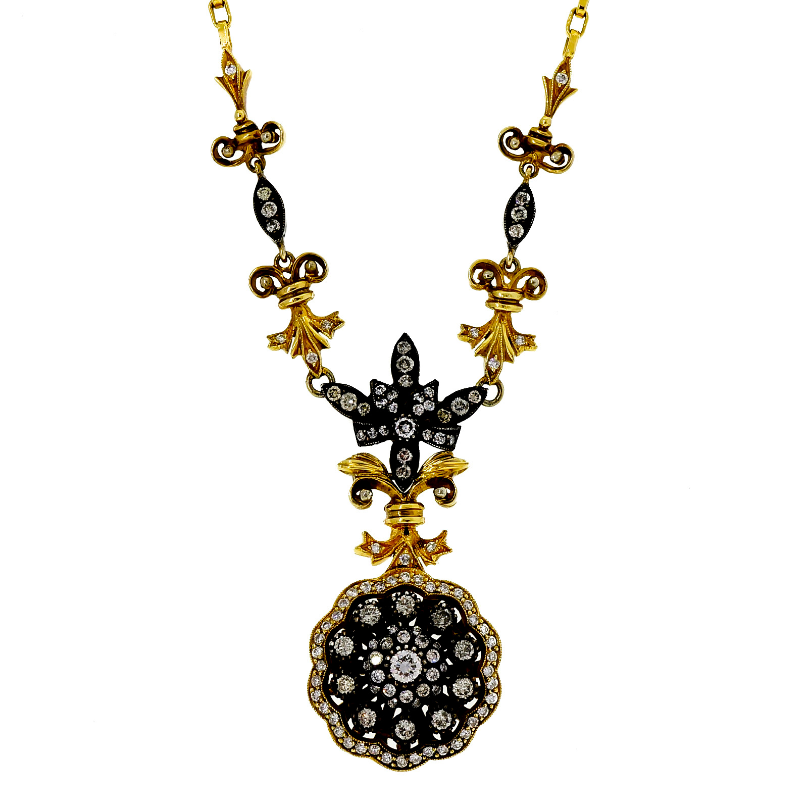 18K Yellow Gold and Blackened Silver with 2.60ct Diamond Eutruscian Necklace