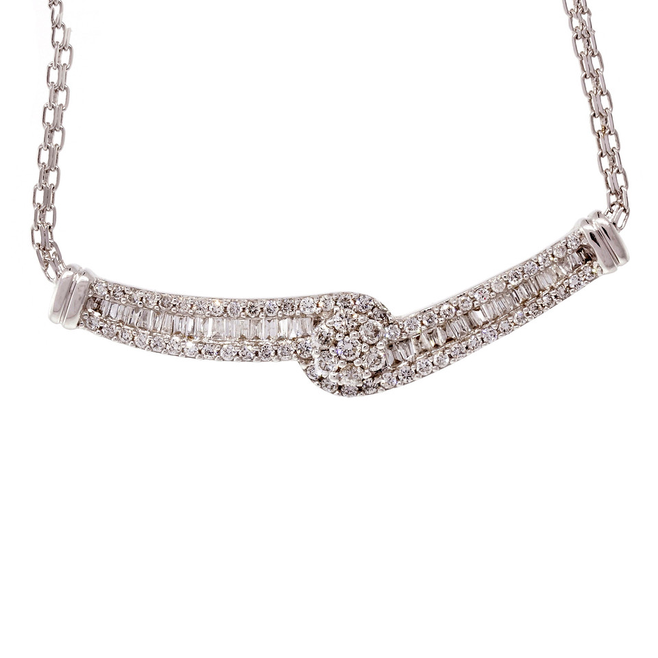 Estate 14K White Gold 1.21ctw Diamond Swirl Pendant Necklace