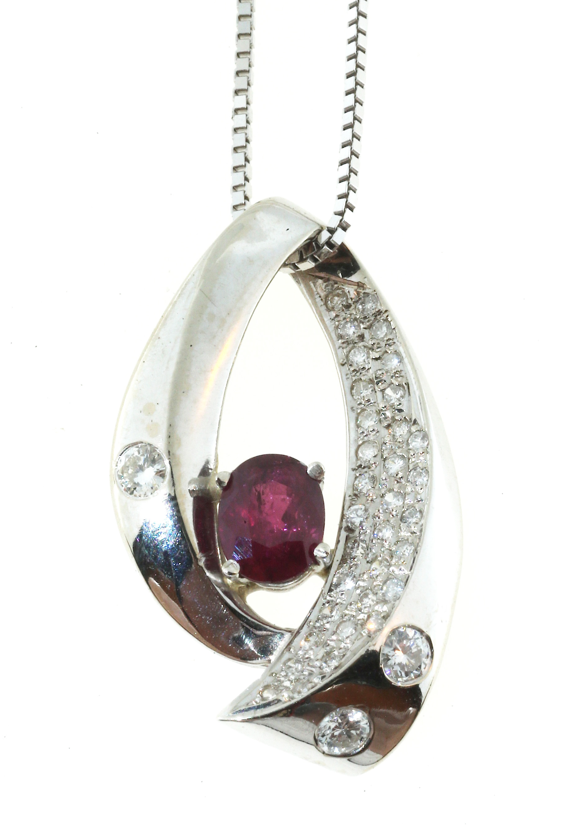 14K White Gold with 0.80ct Ruby  Diamond Pendant Swirl Chain Necklace