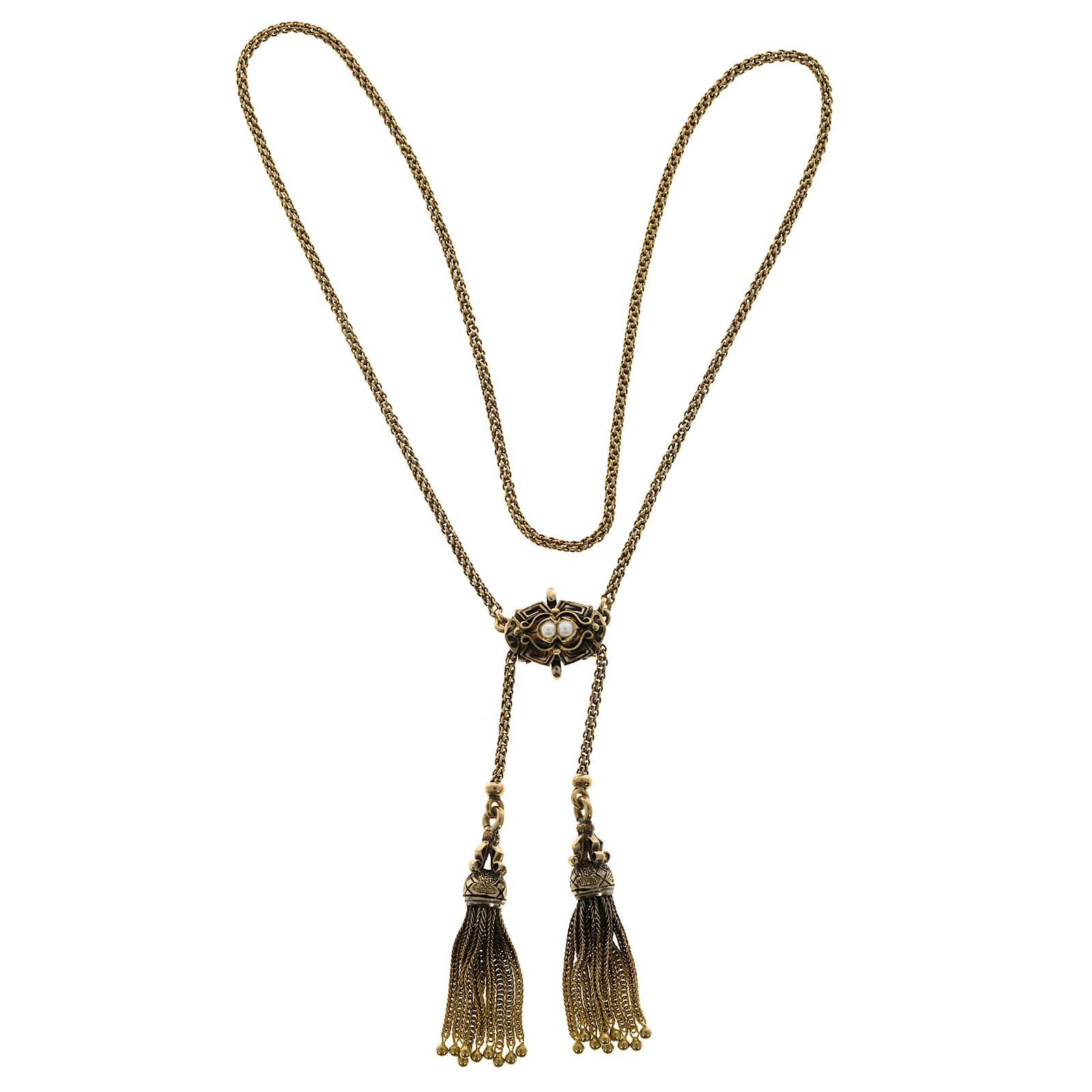 Victorian 14K Yellow Gold Black Enamel  Pearl Double Tassel Patina Pendant Necklace