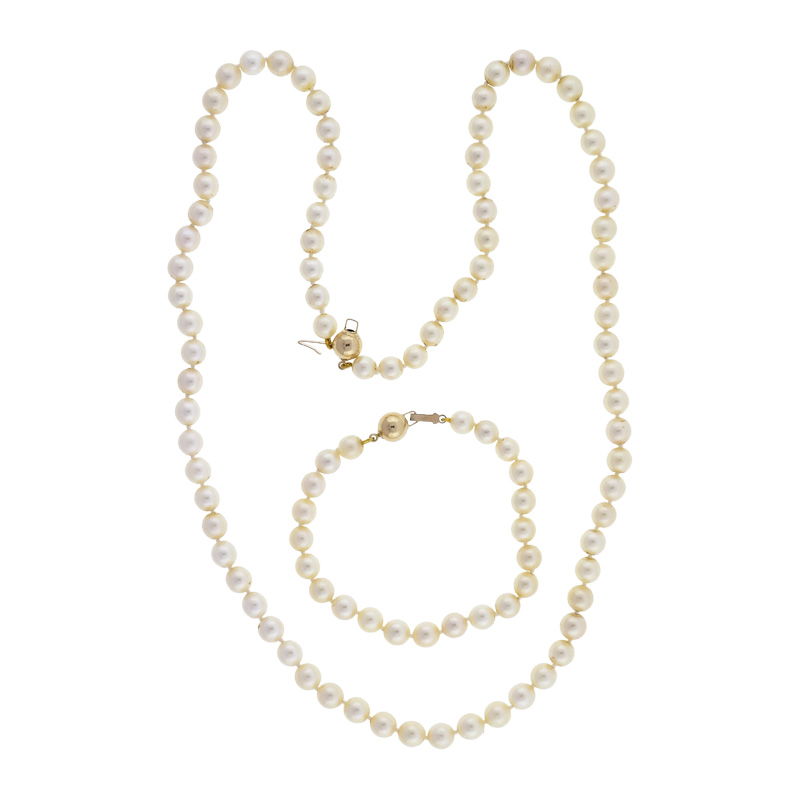 Vintage 14K Yellow Gold with Pearl Bracelet  Necklace Set