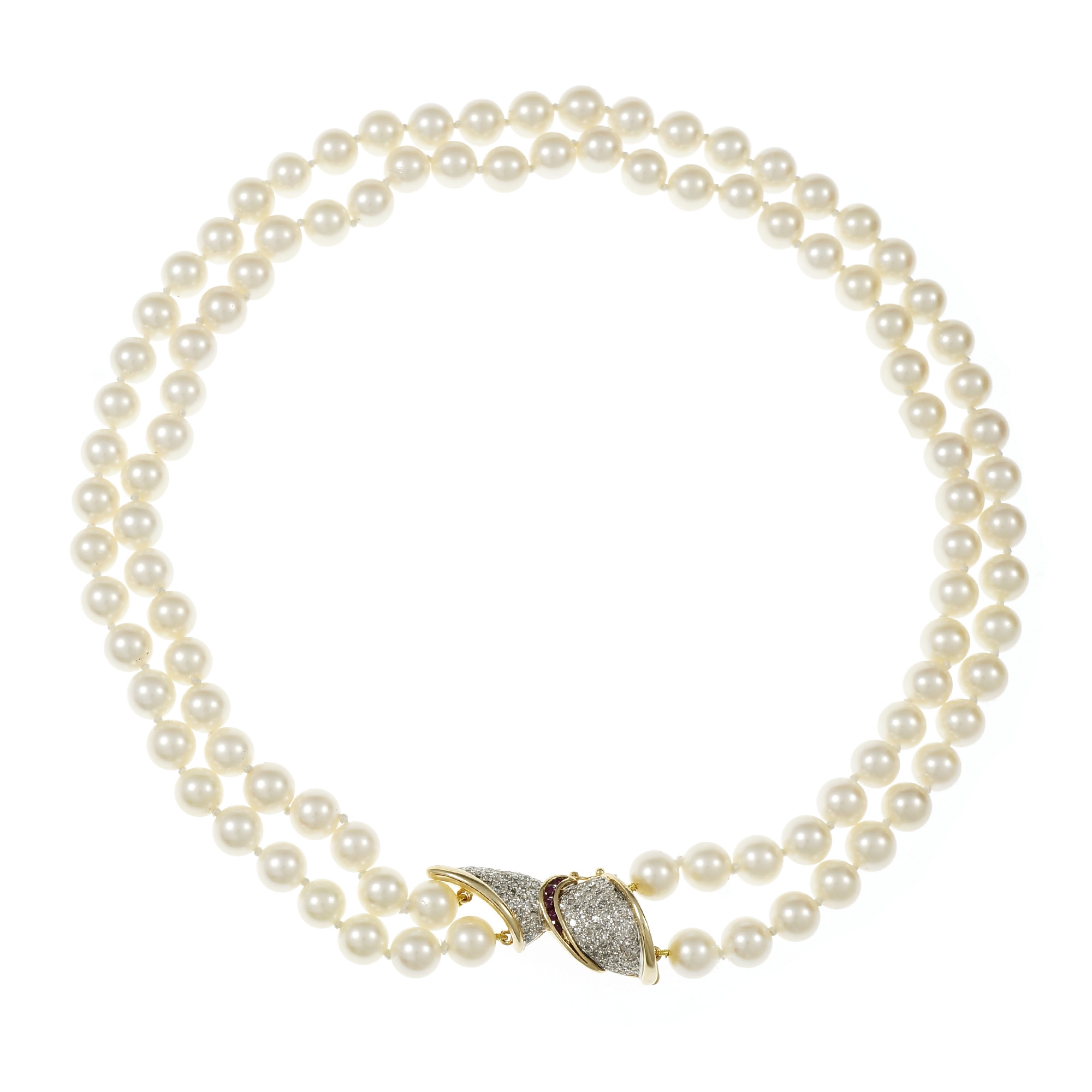 14K White and Yellow Gold with 1.11ct Diamond, Ruby  Cultured Pearl Necklace 