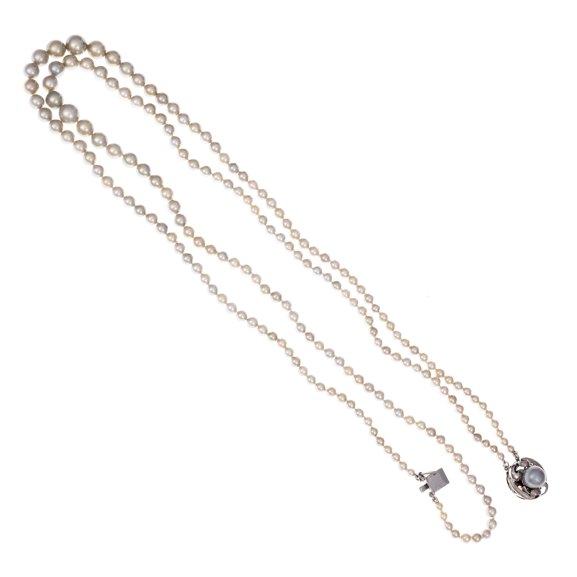 Vintage 1950 2 Strand Silver Gray Graduated Cultured Pearl Necklace 14k Cecil