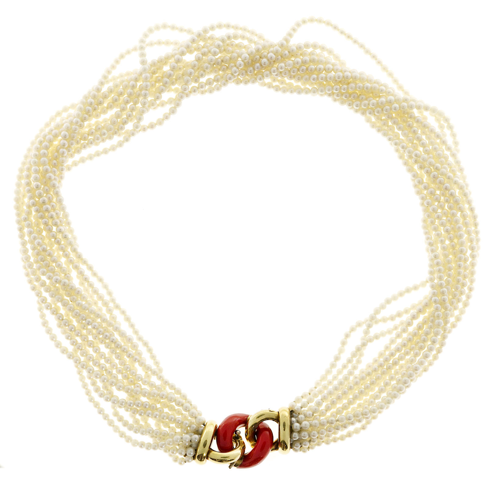 18K Yellow Gold with Pearl  Enamel 13 Strand Necklace