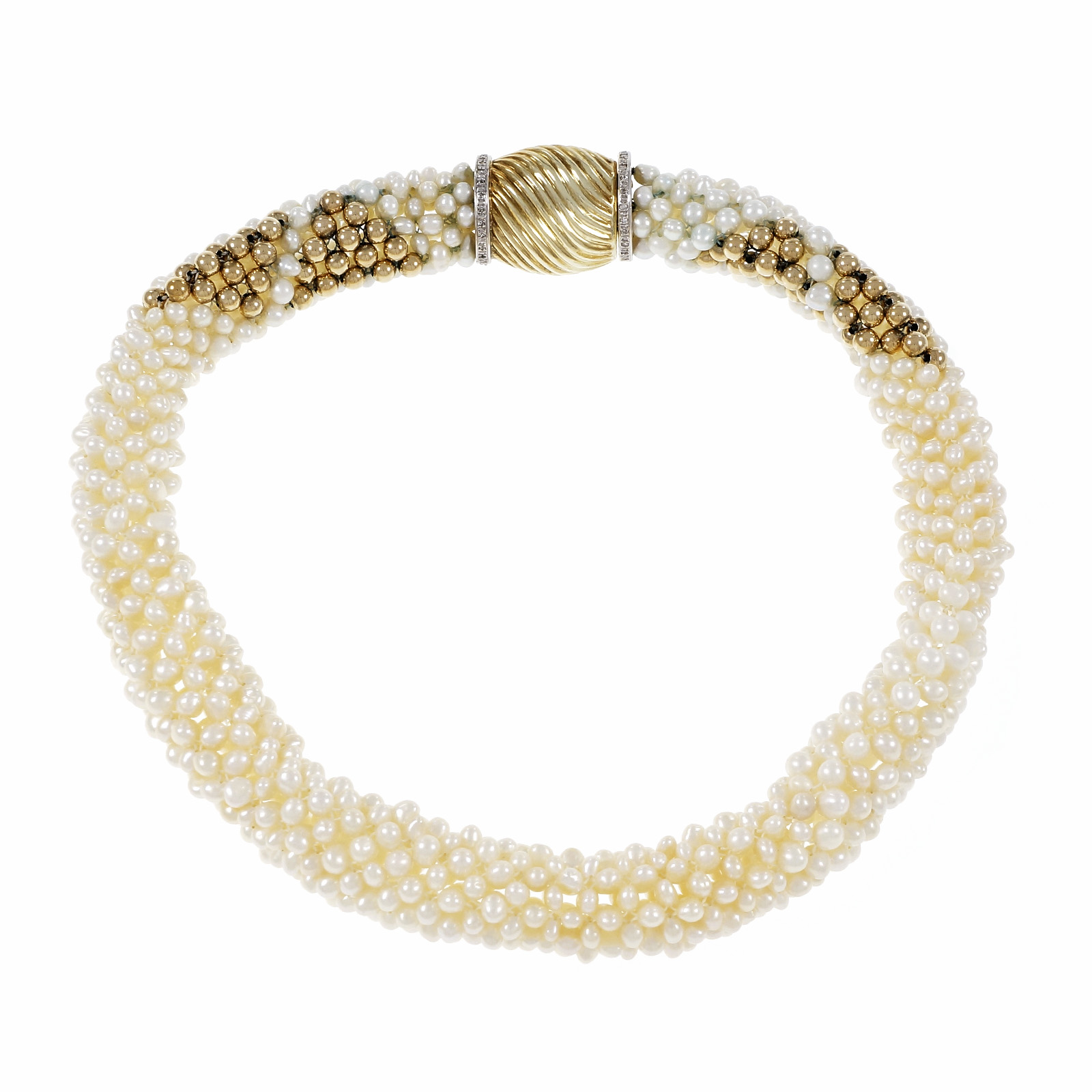 14K Yellow  White Gold with 0.20ct Diamond, Cultured Pearl Necklace
