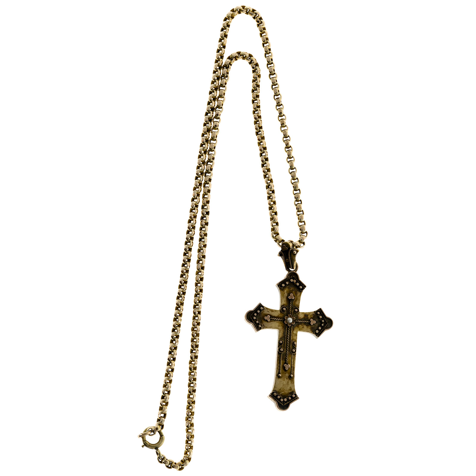 12K Yellow Gold  Pearl Eutruscian Revival Cross Pendant Necklace