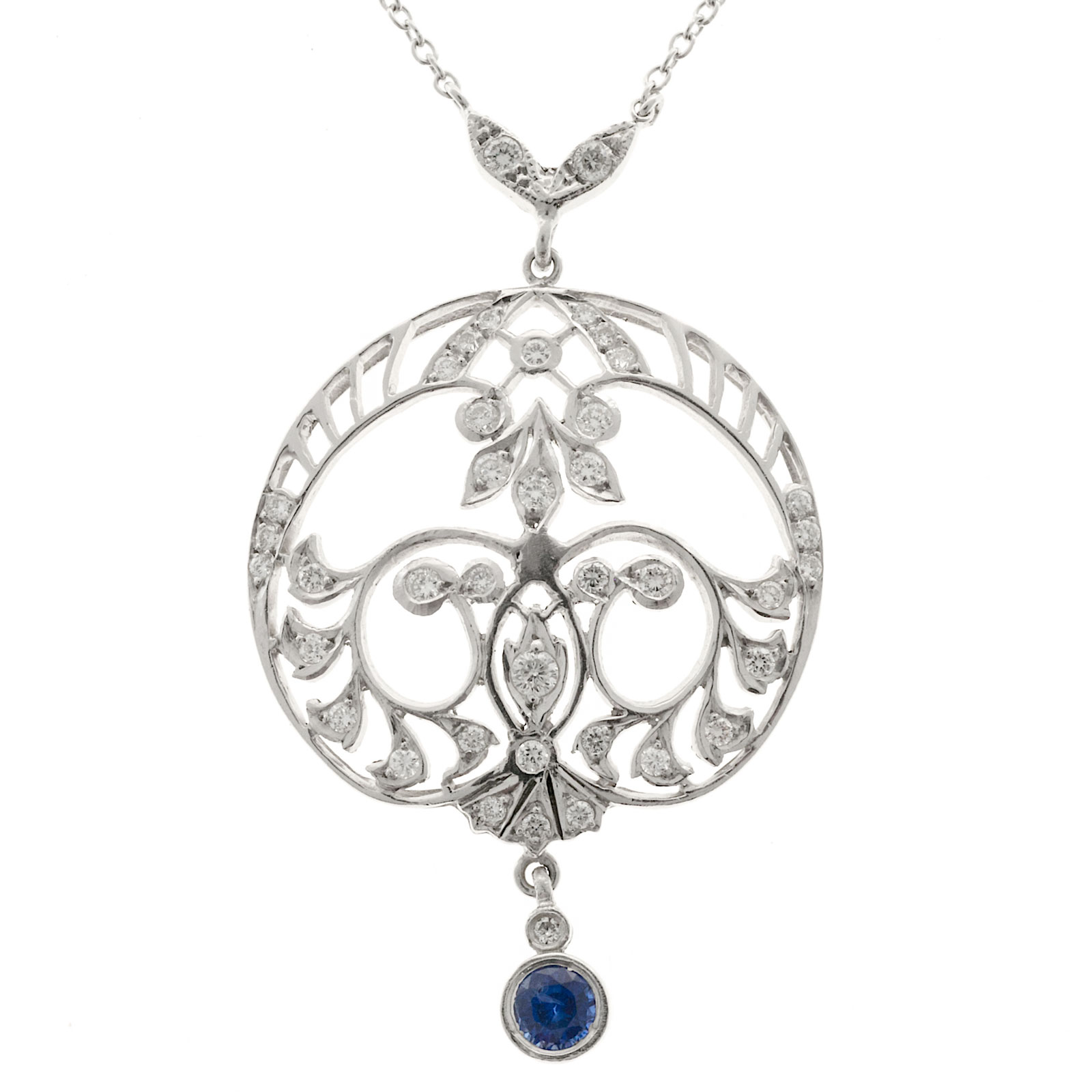 Vintage Platinum Filigree 0.25ct Sapphire Diamond Pendant Necklace 