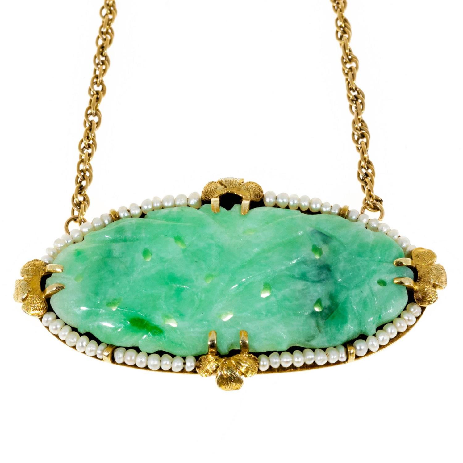 14K Yellow Gold Carved Oval Jadeite Jade Pearl Pendant Vintage Chain Necklace