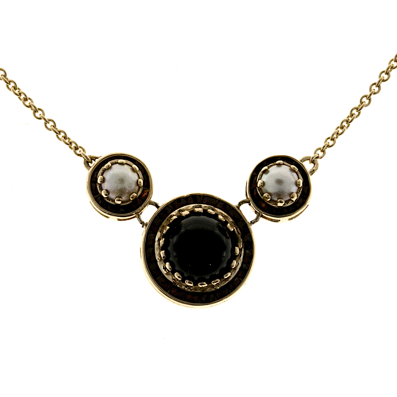 14K Yellow Gold with Mobe Pearl, Onyx  Garnet Necklace
