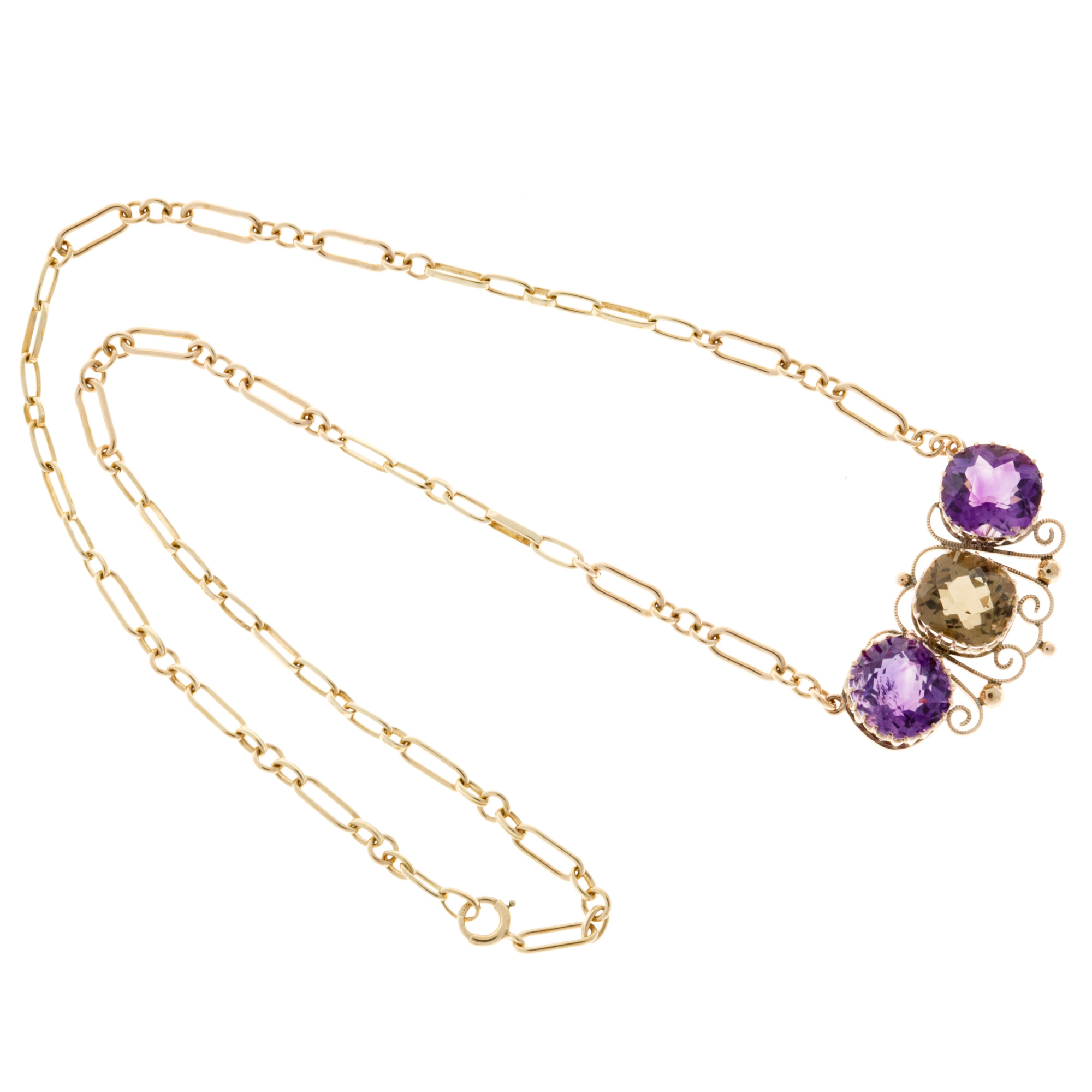 Vintage 14K Rose  Yellow Gold with 9.00ct Amethyst  4.50ct Quartz Necklace 
