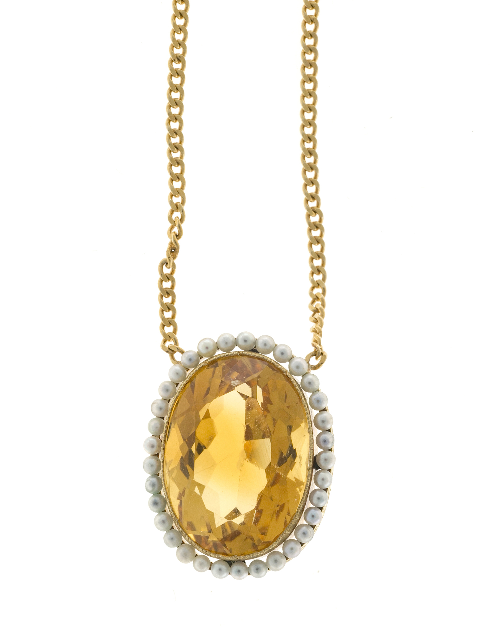 14K Yellow Gold with 16.00ct Oval Citrine  Pearl Art Deco Pendant Necklace