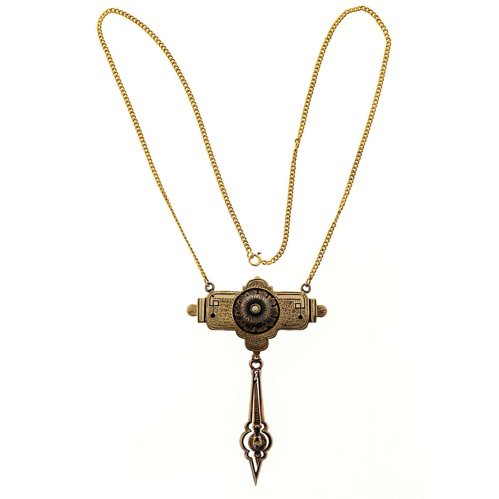 14K Yellow Gold with Pearl  Enamel Architectural Style Pendant Necklace