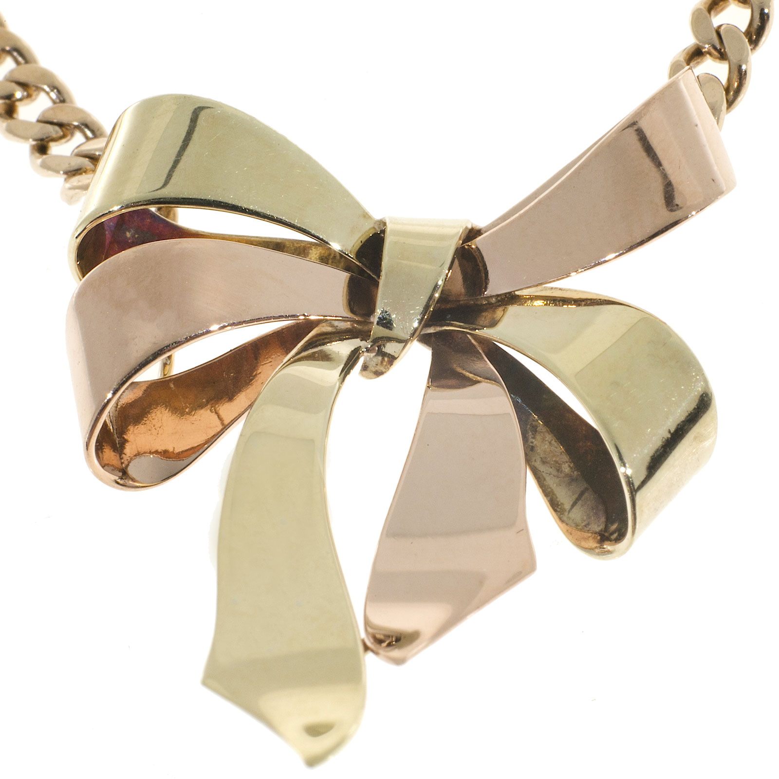 Vintage Art Deco 14K Rose  Yellow Gold Ribbon Bow Pendant Necklace