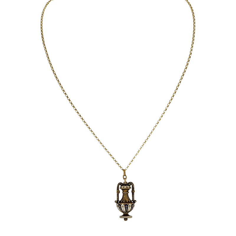 Vintage 14K Yellow Gold Black White Enamel Pitcher Pendant Necklace