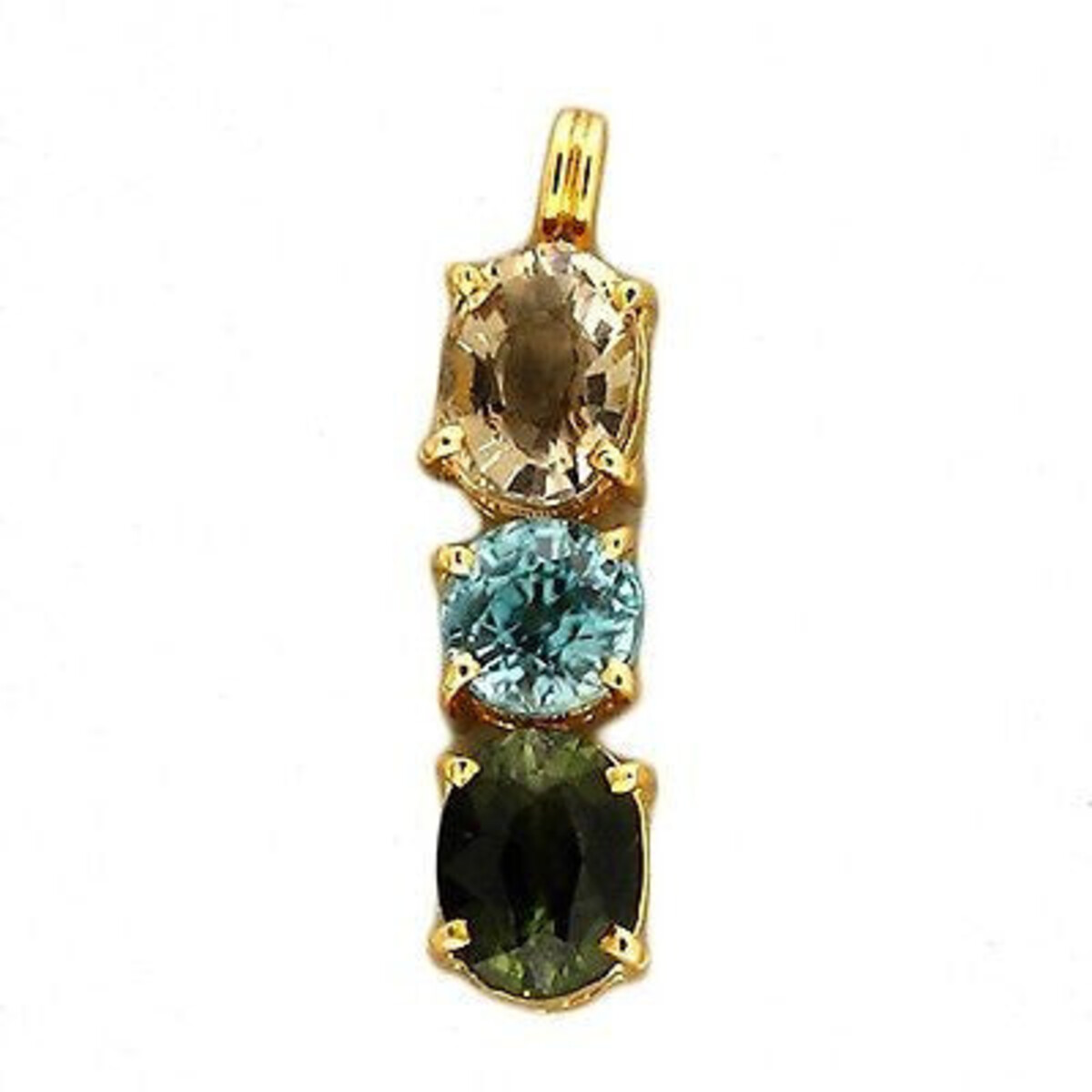 Vintage 18k Gold Oval Smoky Quartz Round Blue Zircon Green Tourmaline Pendant